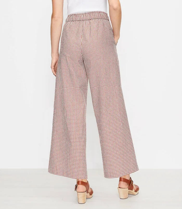 LOFT Petite Tie Waist Pull On Wide Leg Pants In Gingham Rust Women Petite Pants