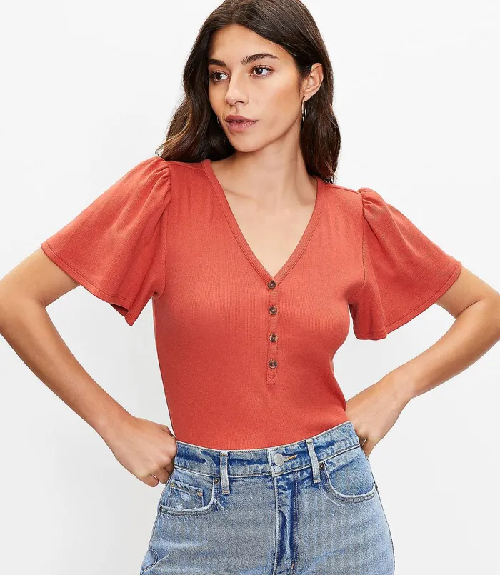 LOFT Ribbed Henley Tee Coral Splash Women Petite Tops