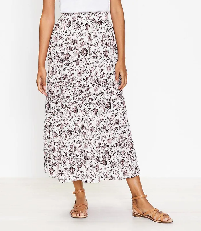 LOFT Shimmer Vine Tiered Maxi Skirt Whisper White Women Skirts