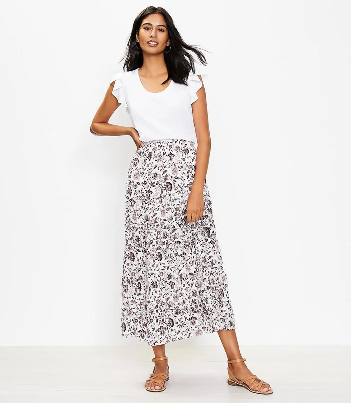 LOFT Shimmer Vine Tiered Maxi Skirt Whisper White Women Skirts