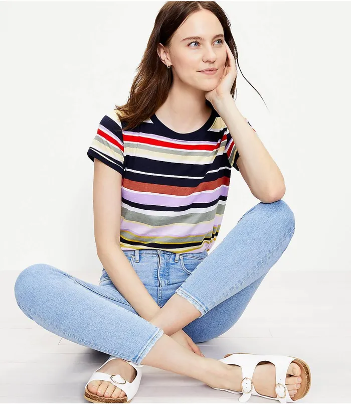 LOFT Striped Everyday Crew Neck Tee Forever Navy Women Loungewear