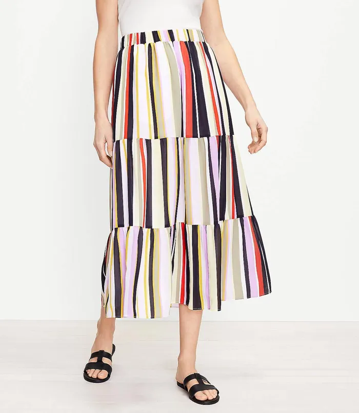 LOFT Striped Tiered Pocket Maxi Skirt Forever Navy Women Skirts