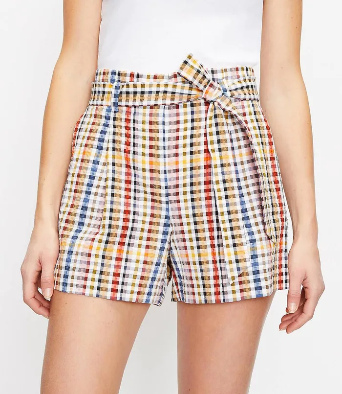 LOFT The Petite Paperbag Pull On Short In Gingham Neutral Multi Women Petite Shorts