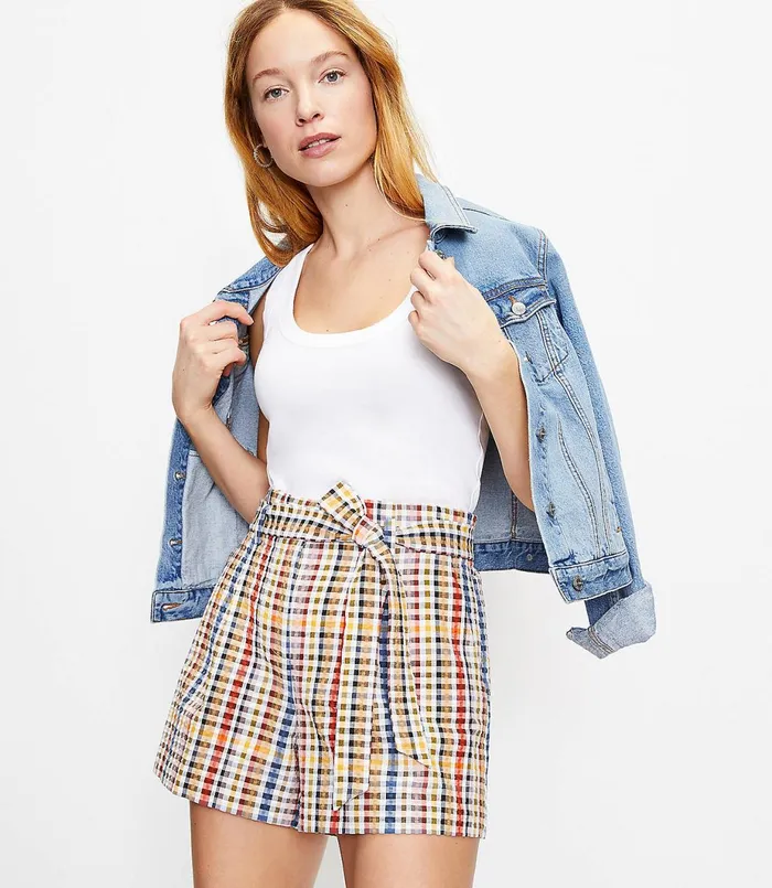 LOFT The Petite Paperbag Pull On Short In Gingham Neutral Multi Women Petite Shorts