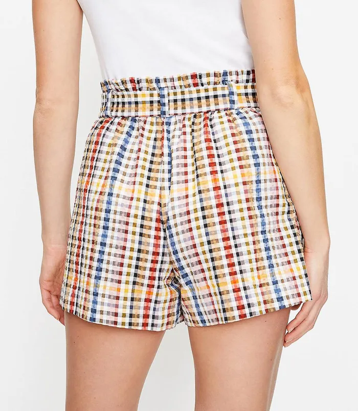 LOFT The Petite Paperbag Pull On Short In Gingham Neutral Multi Women Petite Shorts