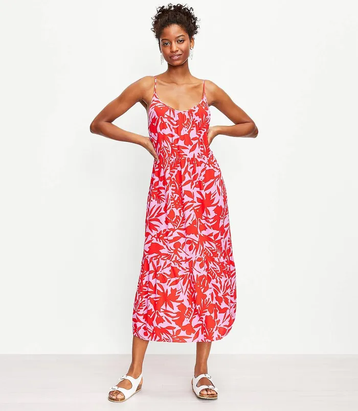 LOFT Tropic Strappy Tiered Midi Dress Lilac Punch Women Swing Dresses