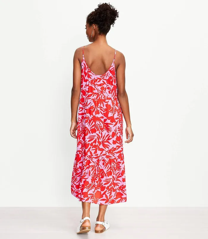 LOFT Tropic Strappy Tiered Midi Dress Lilac Punch Women Swing Dresses