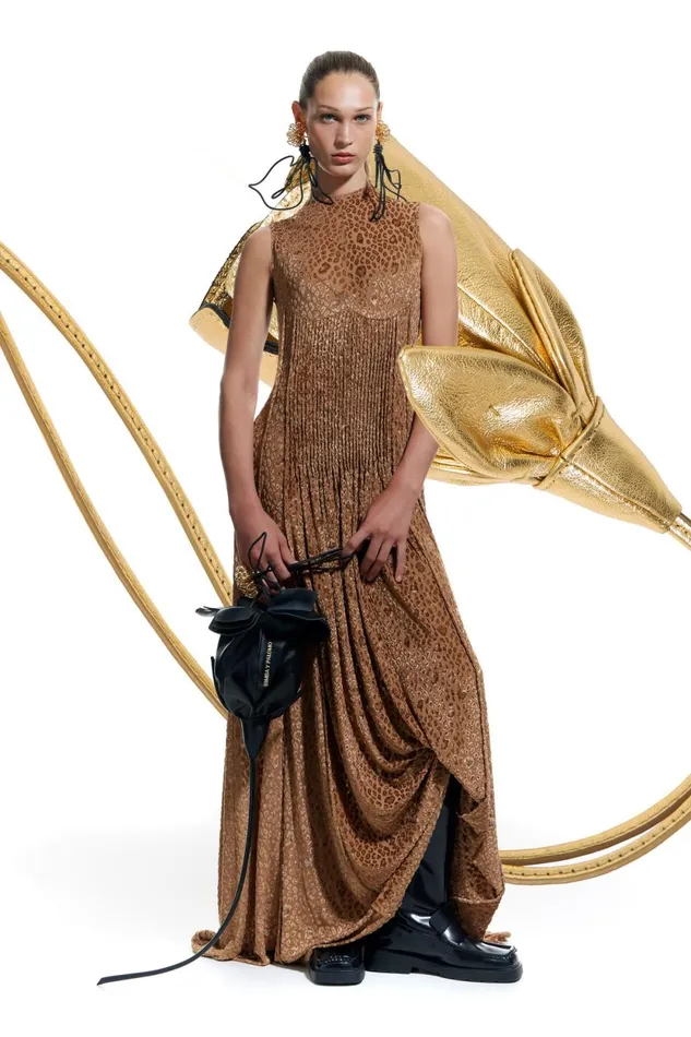 Long Brown Jacquard Minipleat Dress Brown Women Bimba Y Lola Bimba Y Palomo