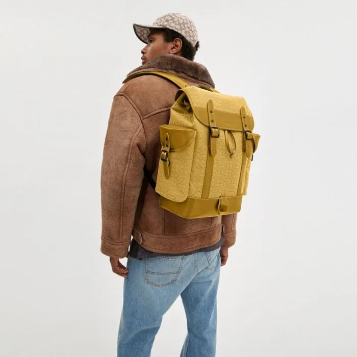 Men Backpacks Coach Hitch Backpack In Micro Signature Jacquard Yellowflax