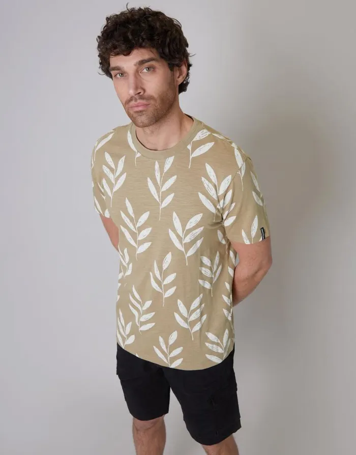 Men Beige Leaf Print Crew Neck TShirt Threadbare TShirts