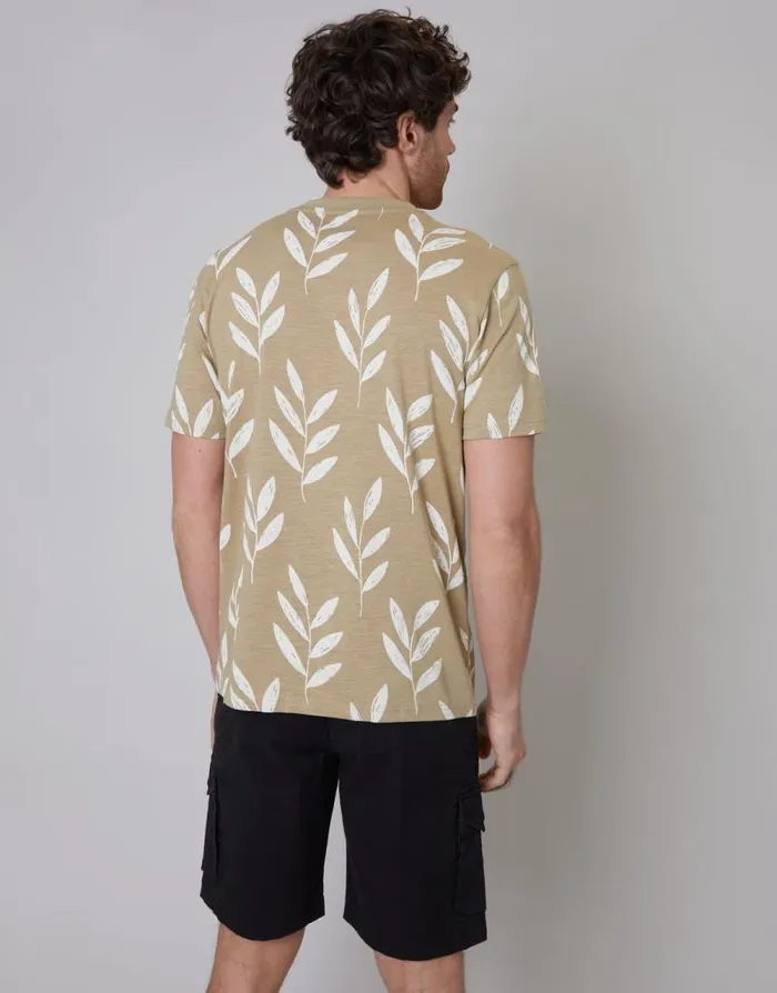 Men Beige Leaf Print Crew Neck TShirt Threadbare TShirts Men Beige Leaf Print Crew Neck TShirt Threadbare TShirts