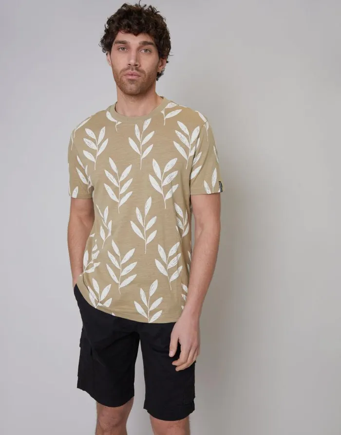 Men Beige Leaf Print Crew Neck TShirt Threadbare TShirts Men Beige Leaf Print Crew Neck TShirt Threadbare TShirts