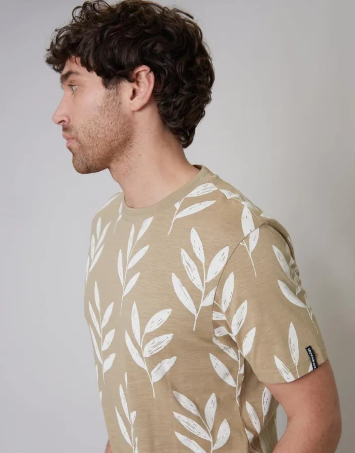 Men Beige Leaf Print Crew Neck TShirt Threadbare TShirts Men Beige Leaf Print Crew Neck TShirt Threadbare TShirts