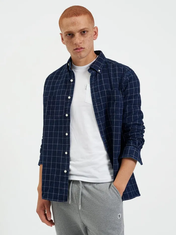 Men Ben Sherman Heritage Check Shirts Dalston Blues Beatnik Overshirt 8211 Indigo