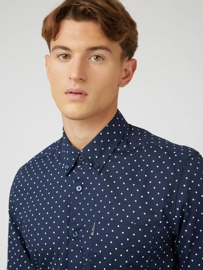 Men Ben Sherman Long Sleeve Shirts Navy Polka Dot Print LongSleeve Shirt