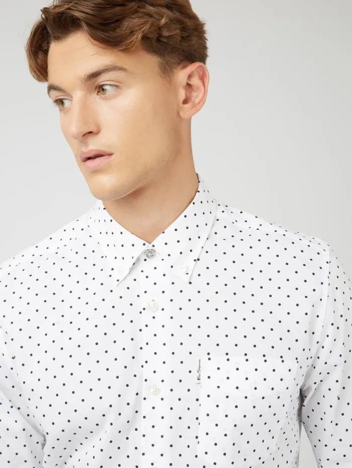 Men Ben Sherman Long Sleeve Shirts White Polka Dot Print LongSleeve Shirt