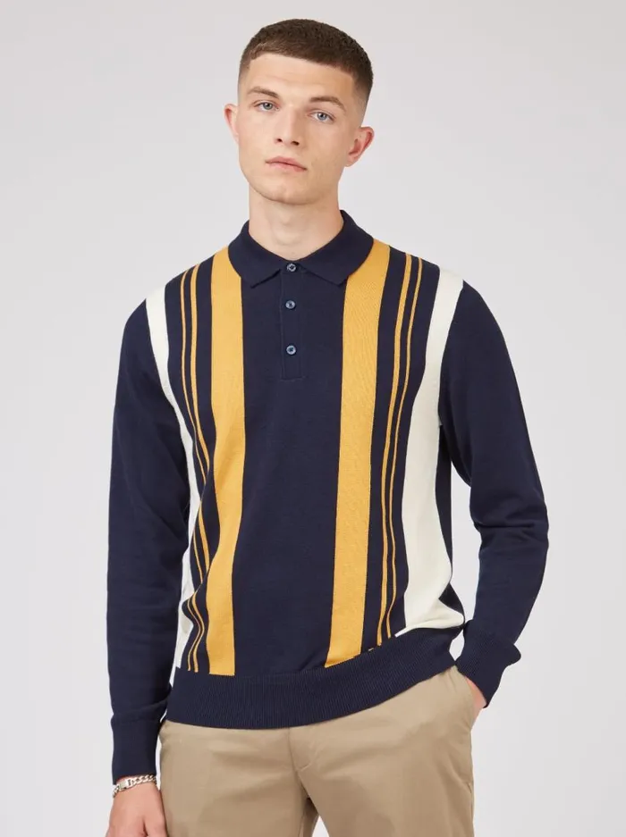 Men Ben Sherman Mod Knit Polos Signature Mod Knit Stripe Polo 8211 Marine