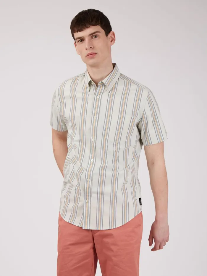 Men Ben Sherman Oxford Shirts Ivy Oxford Stripe ShortSleeve Shirt 8211 Eggshell
