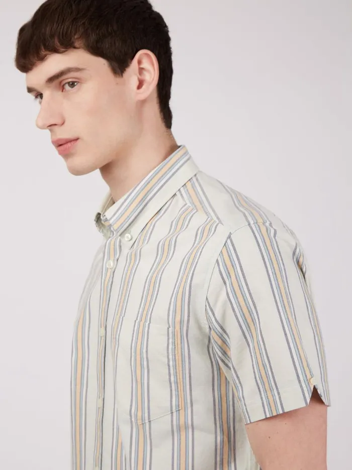 Men Ben Sherman Oxford Shirts Ivy Oxford Stripe ShortSleeve Shirt 8211 Eggshell
