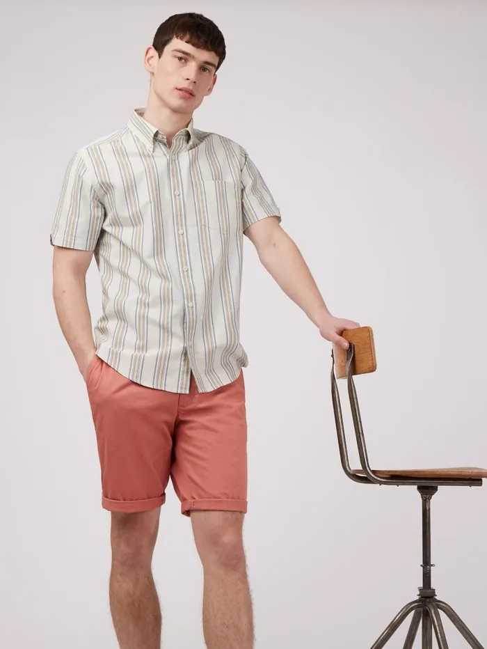 Men Ben Sherman Oxford Shirts Ivy Oxford Stripe ShortSleeve Shirt 8211 Eggshell