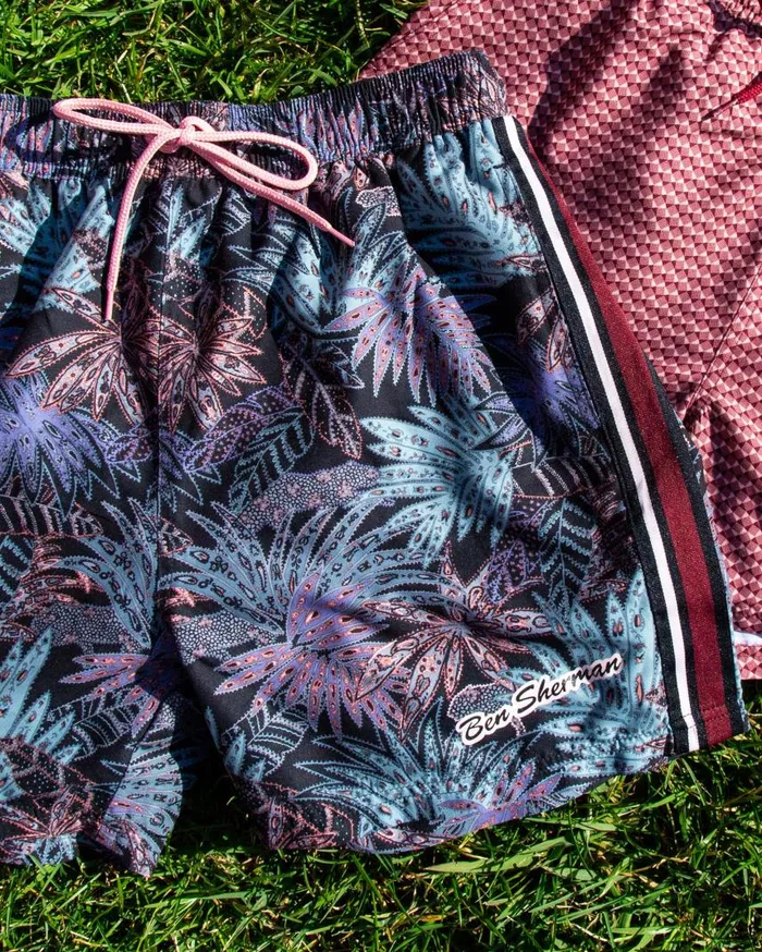 Men Ben Sherman Shorts La Concha Paisley Print Swim Short 8211 BlackBlueSoft Coral