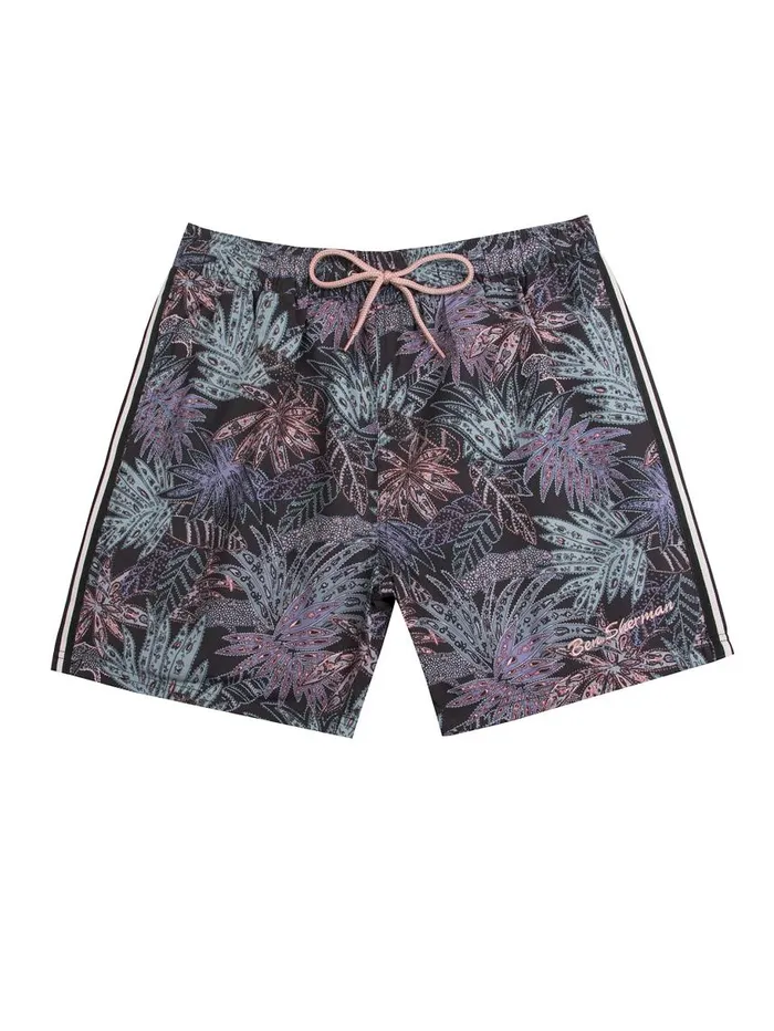Men Ben Sherman Shorts La Concha Paisley Print Swim Short 8211 BlackBlueSoft Coral
