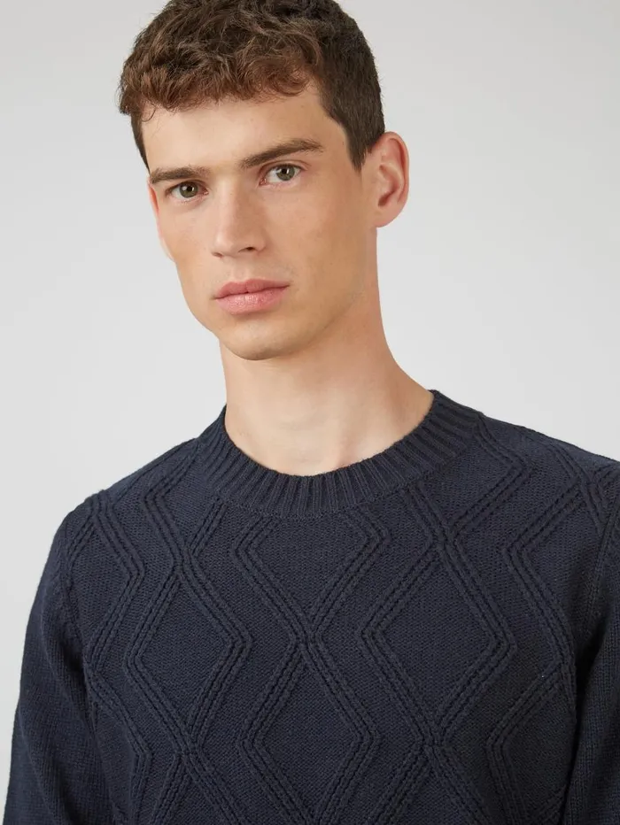 Men Ben Sherman Sweaters and Knits Chunky CableKnit Crewneck Sweater 8211 Navy