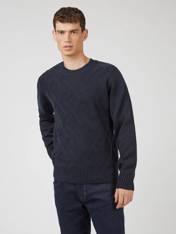 Men Ben Sherman Sweaters and Knits Chunky CableKnit Crewneck Sweater 8211 Navy
