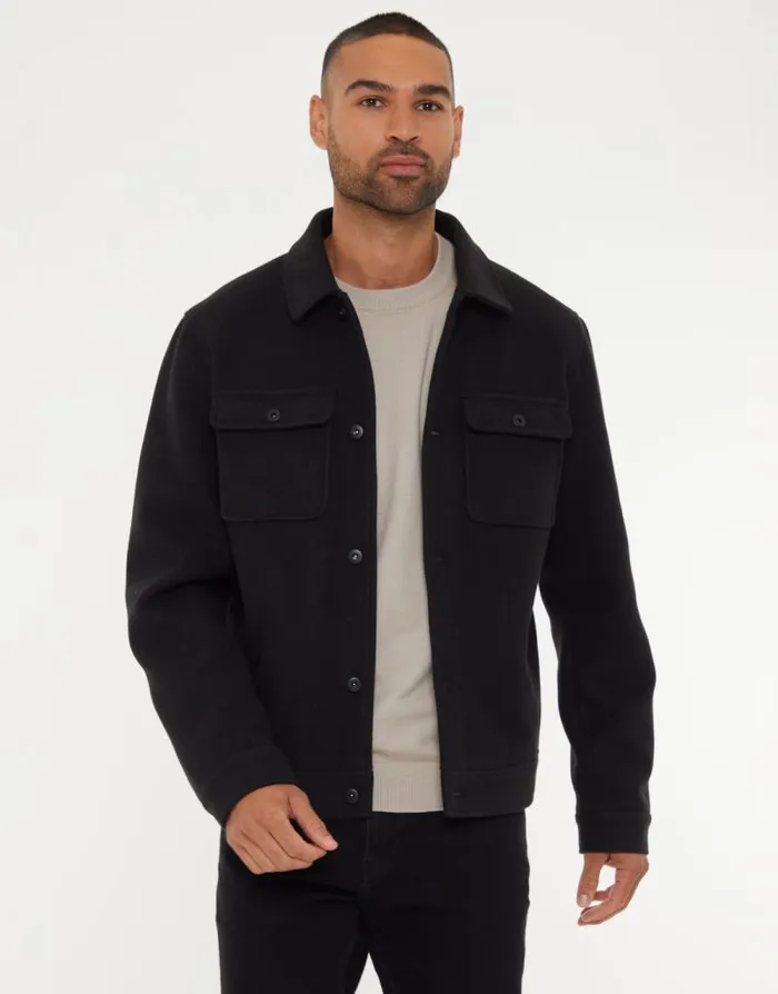 Men Black Brushed Button Up Shacket Threadbare Jackets