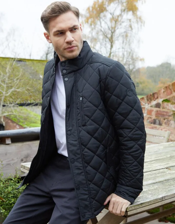 Men Black Funnel Neck Diamond Quilted Jacket Threadbare Jackets