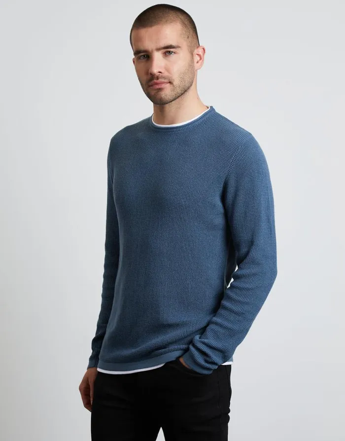 Men Denim Blue Mock Tee Crew Neck Jumper Threadbare Jumpers