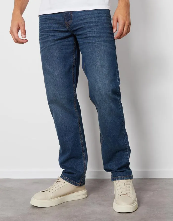 Men Dirty Wash Straight Leg Jeans Threadbare Straight Leg