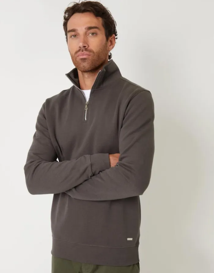 Men Grey Pique Quarter Zip Funnel Neck Sweatshirt Threadbare Sweatshirts