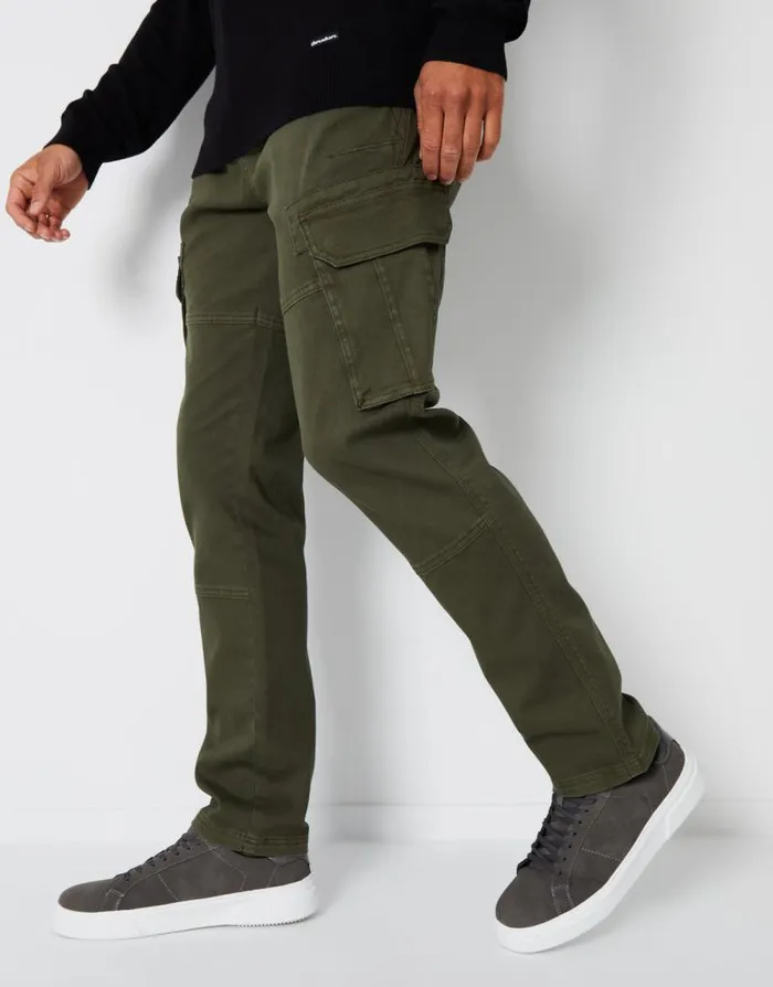 Men Khaki Cargo Pocket Stretch Trousers Threadbare Cargo