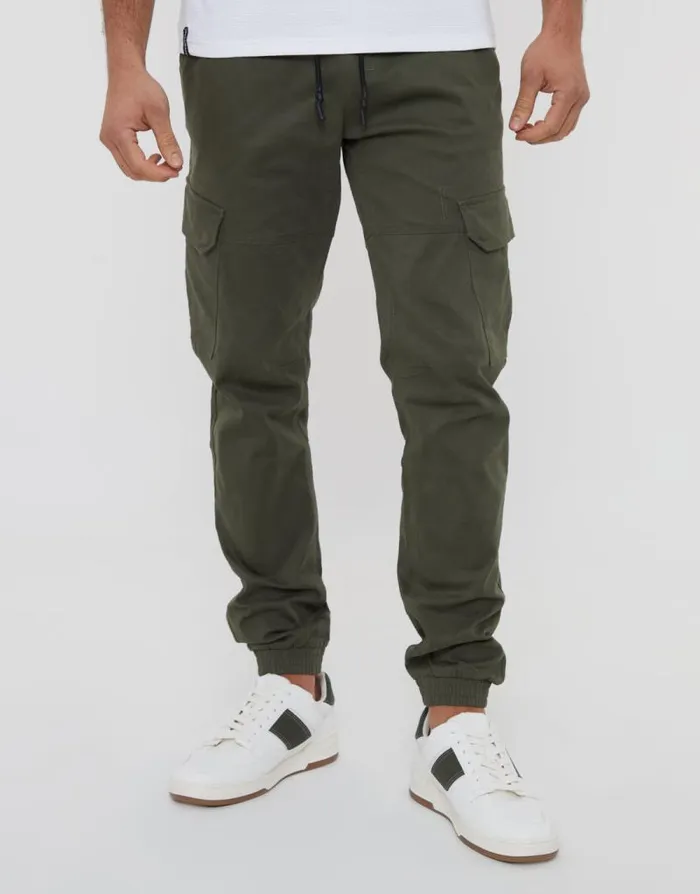 Men Khaki Jogger Style Cargo Trousers Threadbare Cargo