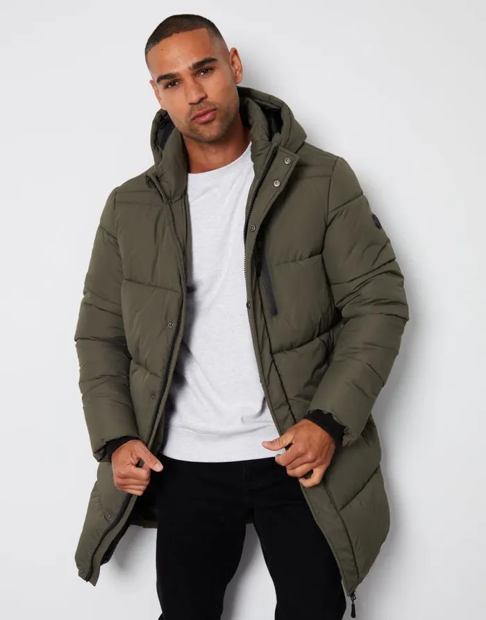 Men Khaki Showerproof Hooded Longline Puffer Jacket Threadbare Coats