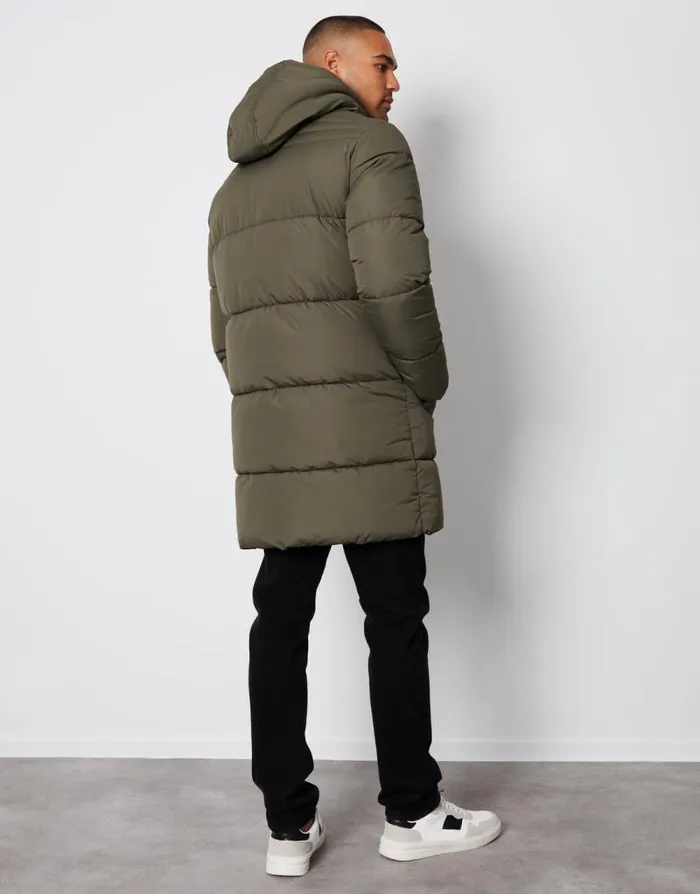 Men Khaki Showerproof Hooded Longline Puffer Jacket Threadbare Coats Men Khaki Showerproof Hooded Longline Puffer Jacket Threadbare Coats