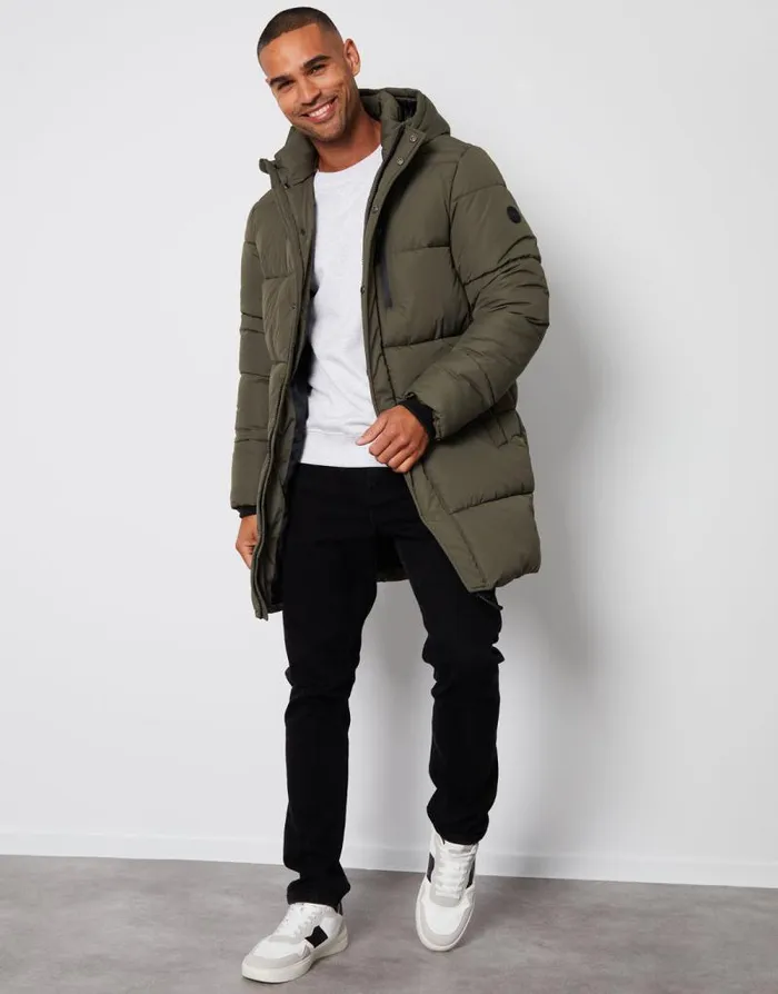 Men Khaki Showerproof Hooded Longline Puffer Jacket Threadbare Coats Men Khaki Showerproof Hooded Longline Puffer Jacket Threadbare Coats
