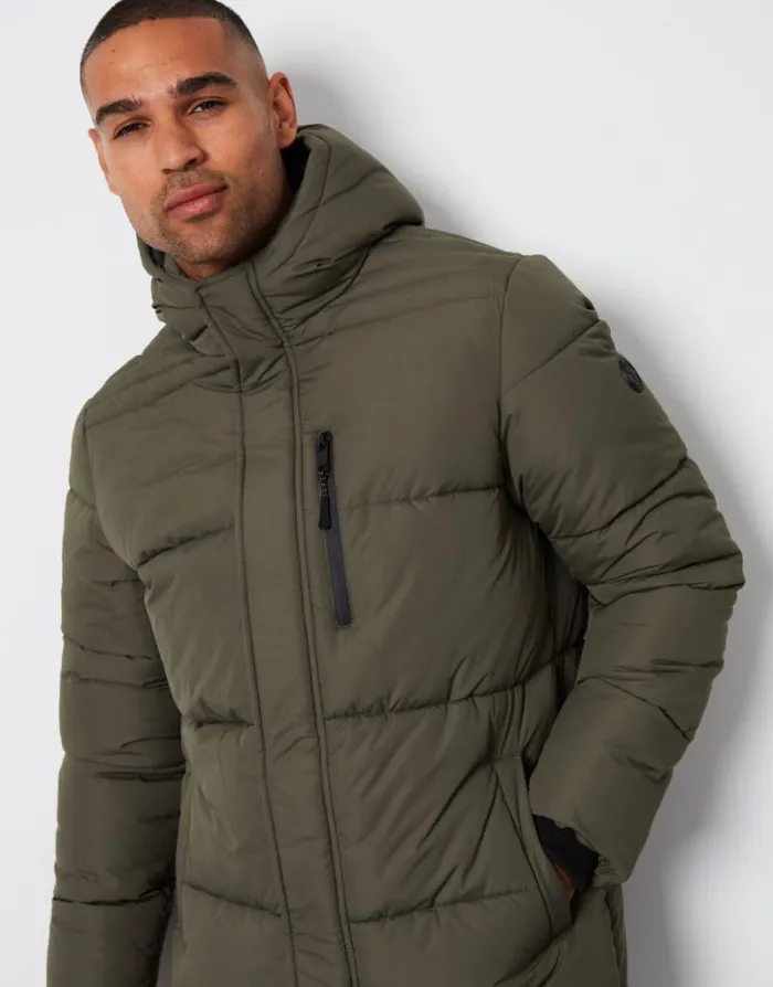 Men Khaki Showerproof Hooded Longline Puffer Jacket Threadbare Coats Men Khaki Showerproof Hooded Longline Puffer Jacket Threadbare Coats