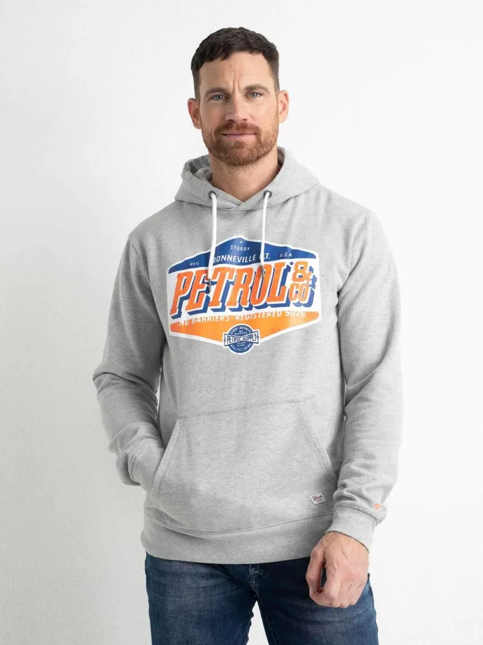Men Knits and Sweats Petrol Industries Hoodie With Logo Artwork Light Grey Melee Men Knits and Sweats Petrol Industries Hoodie With Logo Artwork Light Grey Melee