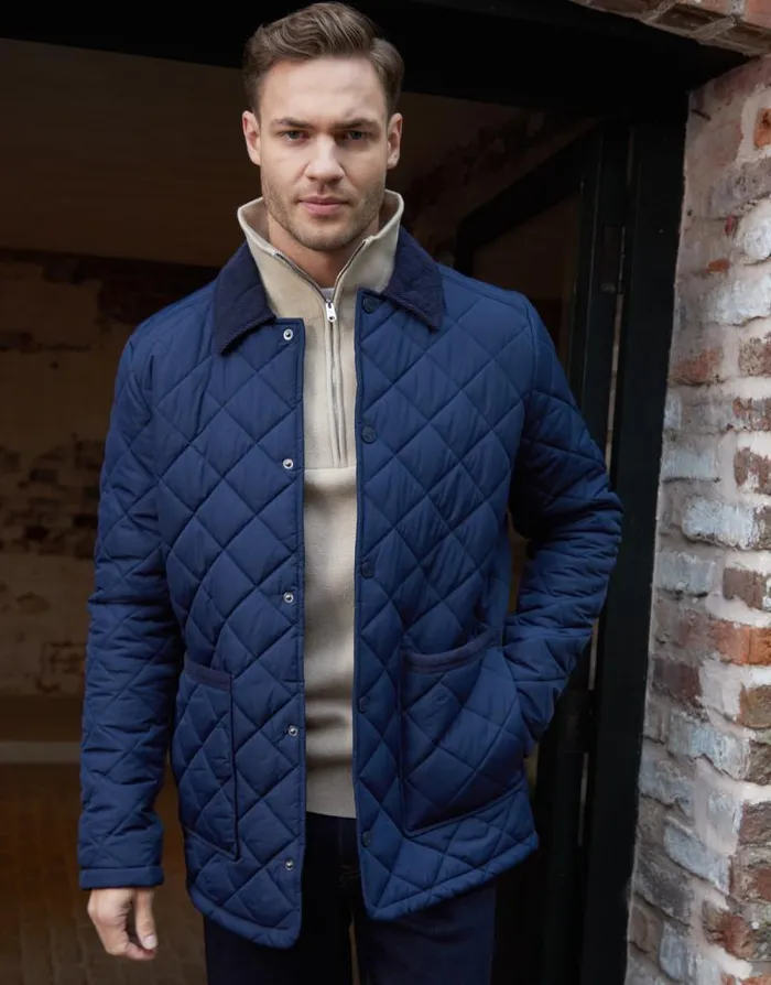 Men Navy Diamond Quilted Collared Patch Pocket Jacket Threadbare Jackets
