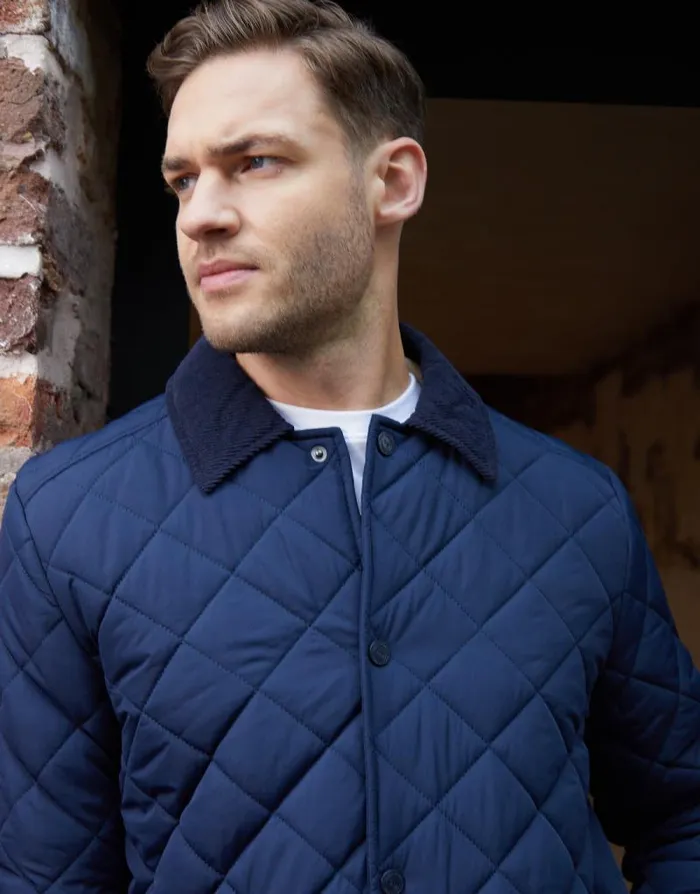 Men Navy Diamond Quilted Collared Patch Pocket Jacket Threadbare Jackets Men Navy Diamond Quilted Collared Patch Pocket Jacket Threadbare Jackets