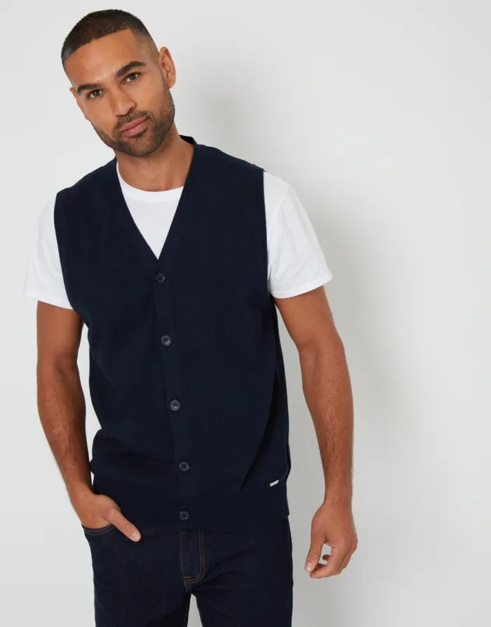 Men Navy Knitted Button Up Waistcoat Threadbare Jumpers