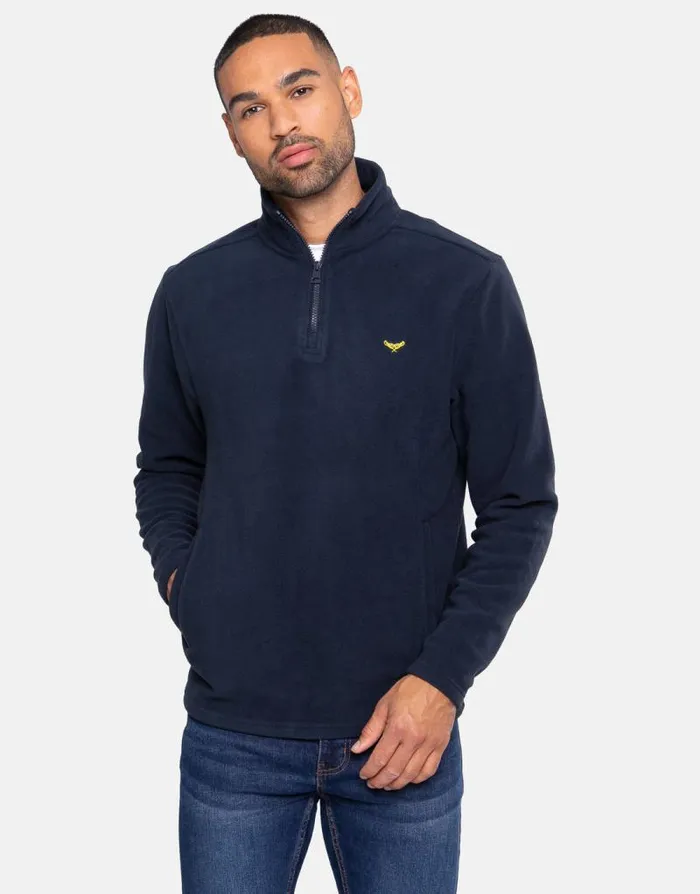 Men Navy Quarter Zip Fleece Sweatshirt Threadbare Jumpers