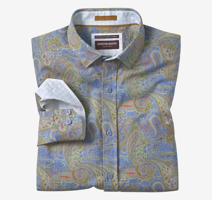 Men Printed Cotton Shirt Blue Large Paisley JohnstonandMurphy Shirts