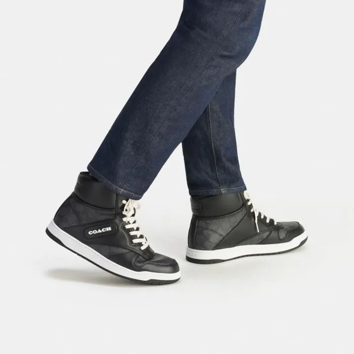 Men Sneakers Coach C202 High Top Sneaker In Signature Canvas Charcoalblack