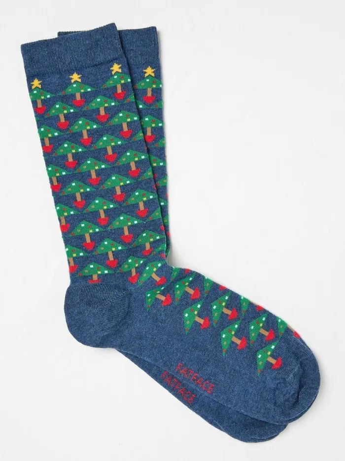 Men Socks Fat Face Blue Navy Geo Tree Socks