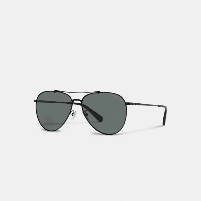 Men Sunglasses Coach Signature Metal Aviator Sunglasses Satin Black
