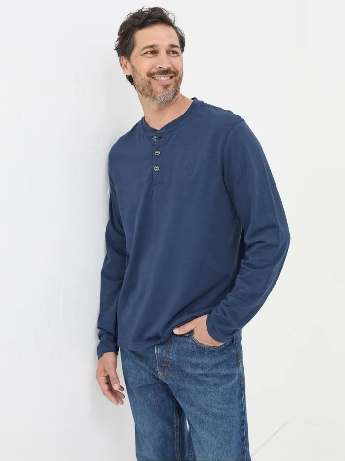 Men TShirts Fat Face Woodside Navy Blue Long Sleeve Henley T Shirt