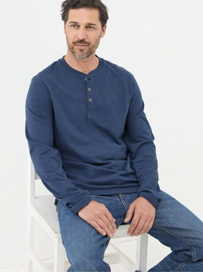 Men TShirts Fat Face Woodside Navy Blue Long Sleeve Henley T Shirt